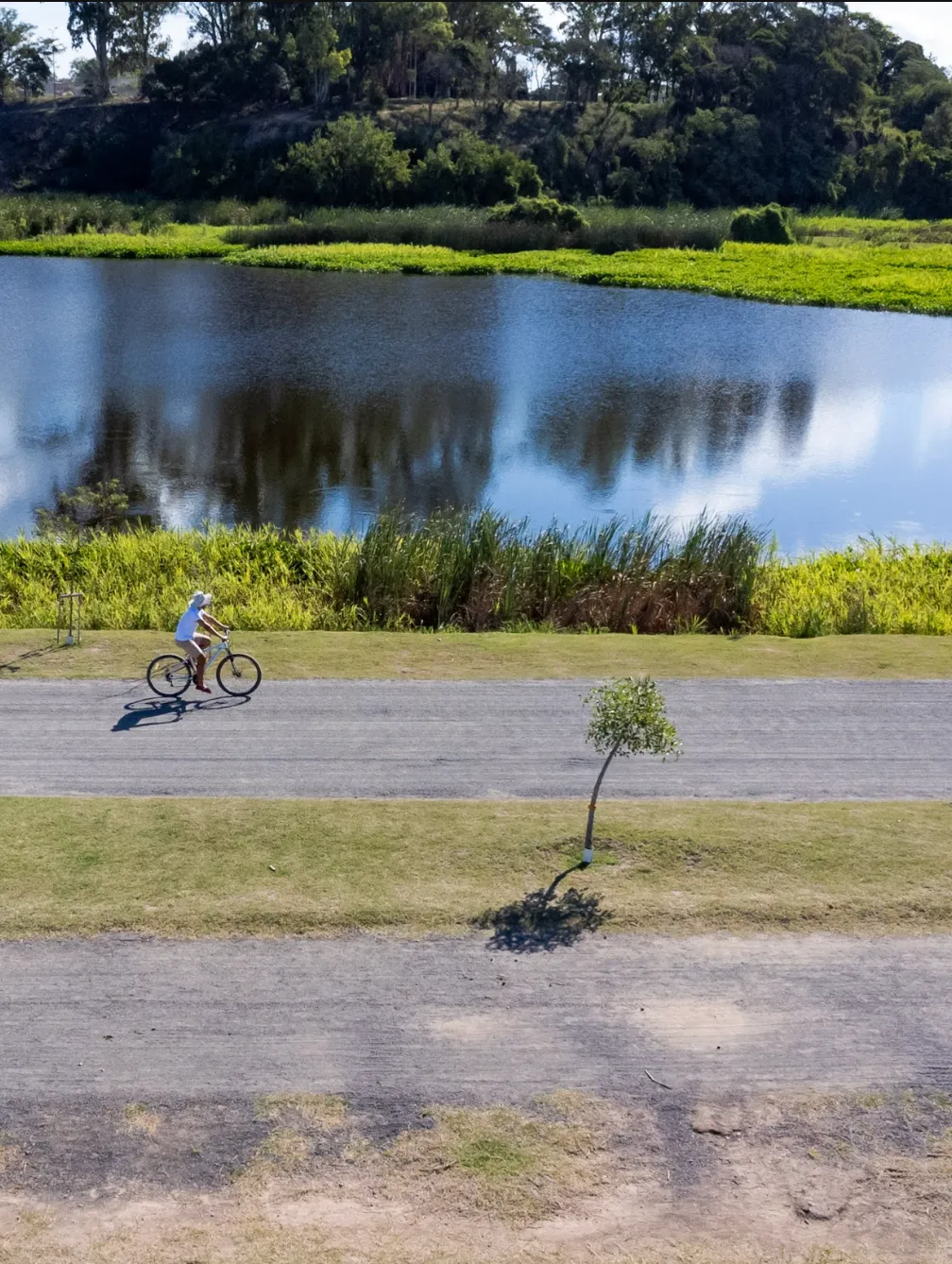 Ciclista en el paseo del Eco Parque junto a una laguna